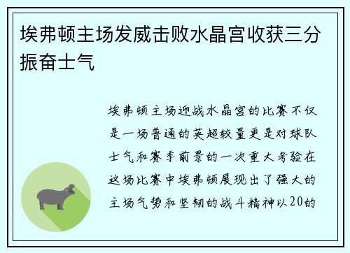 埃弗顿主场发威击败水晶宫收获三分振奋士气