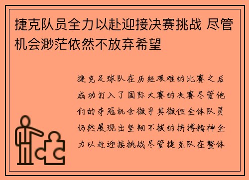 捷克队员全力以赴迎接决赛挑战 尽管机会渺茫依然不放弃希望